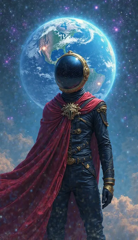 This dark fantasy space illustration features a mysterious figure wearing an astronaut helmet reflecting a starry cosmos, crowned with an ornate gold piece. The silhouette wears an imposing red cape, undulating in an ethereal setting dominated by cool tone...