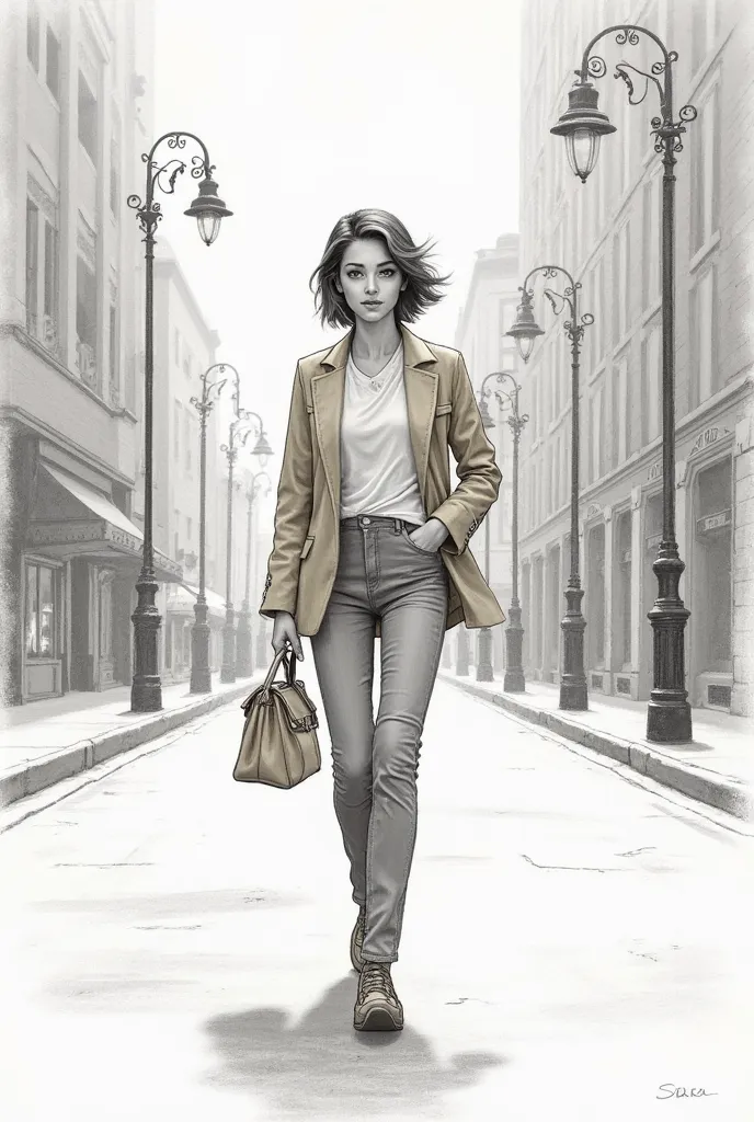  realistic drawing . sara, pretty woman with short hair, carrying a beige bag, I was walking hurriedly on an empty street.