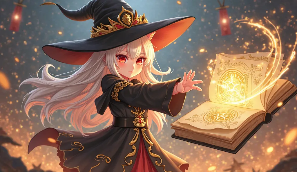 A cute yet powerful sorceress in a Japanese anime art style stands confidently in the midst of battle, wielding the magic of an ancient floating tome. Her long, flowing platinum-blonde hair sparkles under the ethereal glow of her spells. Her striking red c...