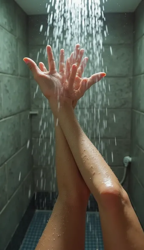 me in first person in the bathroom taking a shower, just my arms in the direction of the shower, without my body showing, just the image of the shower