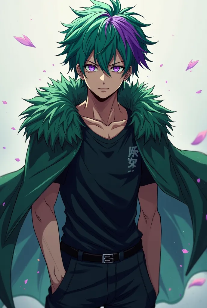  Anime boy,  Green hair with purple tips, short hair on the sides and longer on the top, violet eyes ,  muscular ,  black pants ,  black shirt,without gloves, hairy cape 