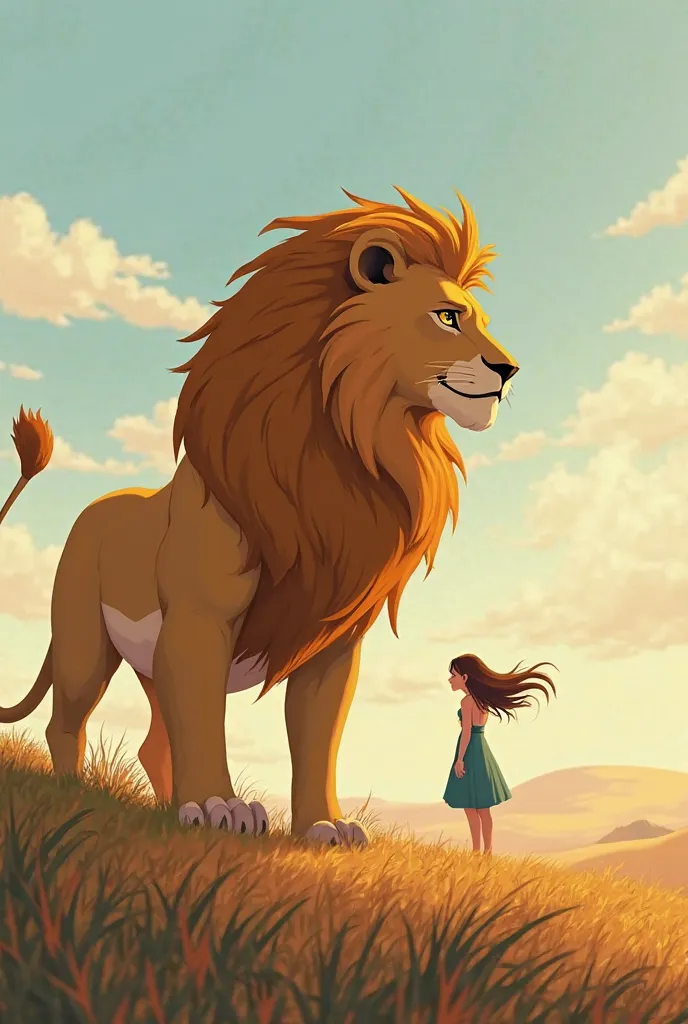 Image of a lion far away, watching a young woman in the distance, all that animated image, the lion must be standing, the young woman, far away from León.