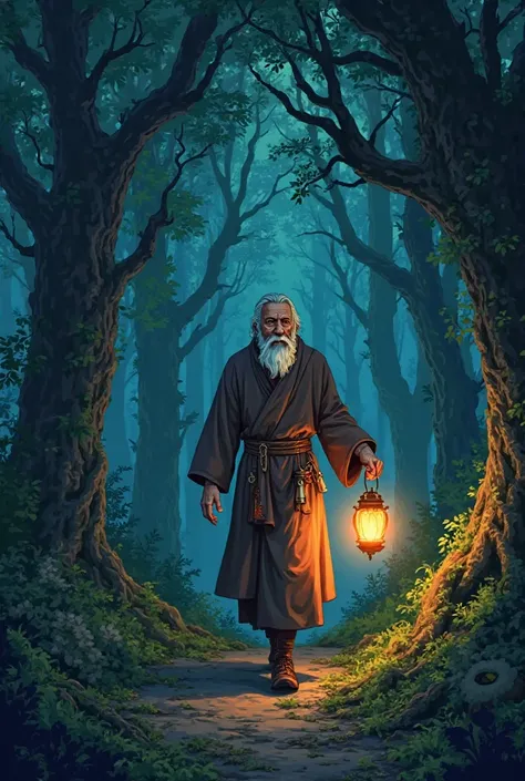 holding a lantern, brother elias walks through the dark forest shouting for the sheep calling for it’s name. make it in anime style