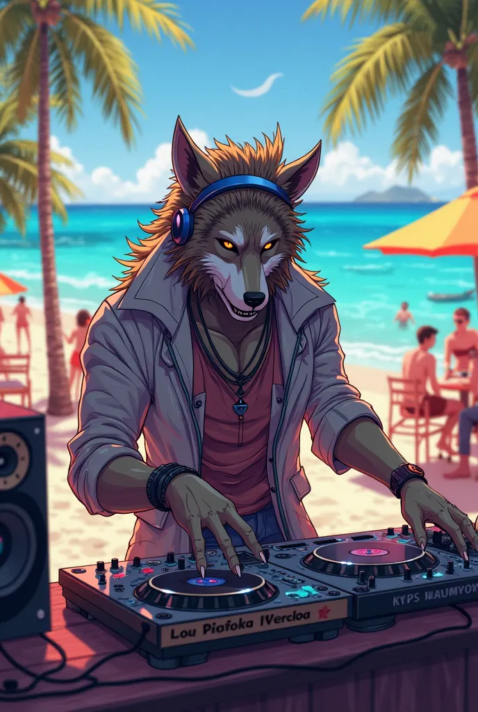 can you give me a photo of werewolf as dj at ibiza beach bar party looking like chill guy with headphones and photo can be like anime like