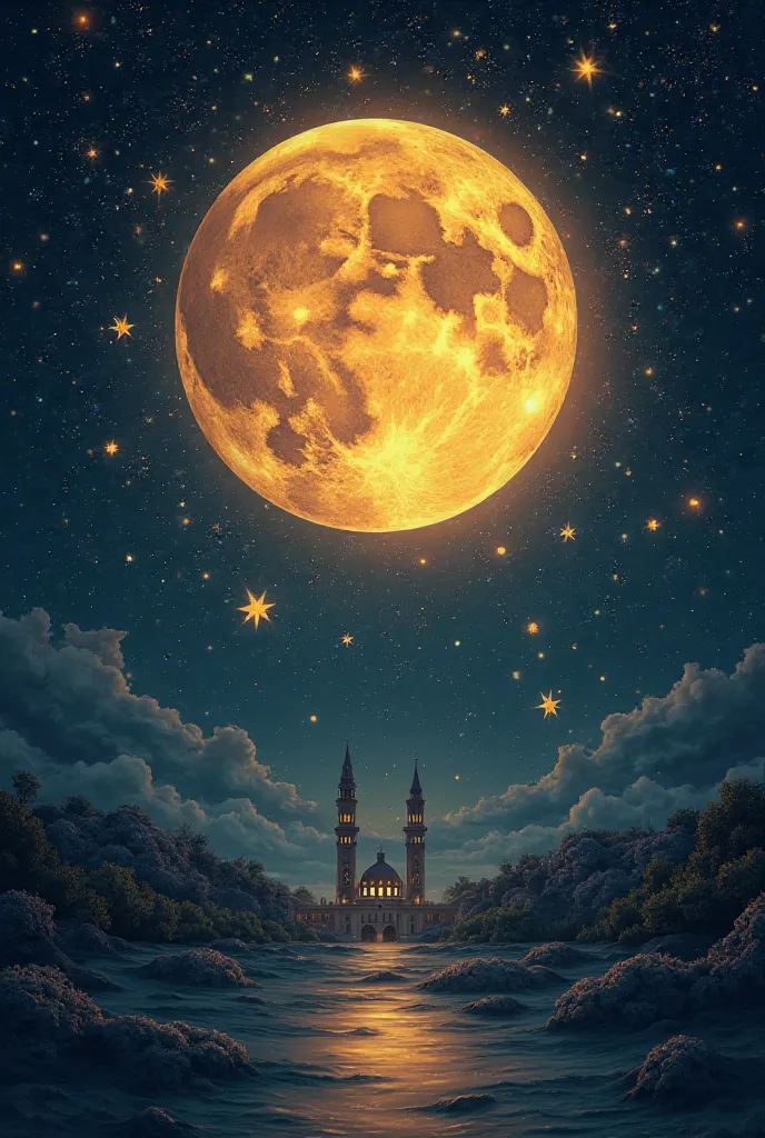 design a large moon with sparkling stars in the background.
   - استخدام ألوان ذهبية or فضية لإضفاء لمسة احتفالية.
   - Add text like "Good month is coming" or "Welcome to Ramadan ".