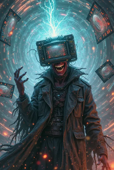  terror, mad scientist , computer head, surreal, screen, digital text , villano