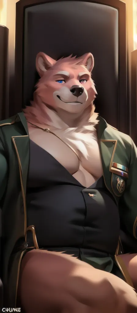 Solo, male Tall, huge​ body,​Sitting on the throne chair, den,Pink bear , black green Army uniform, overweight, muscular, smirking psychosis, by chunie​