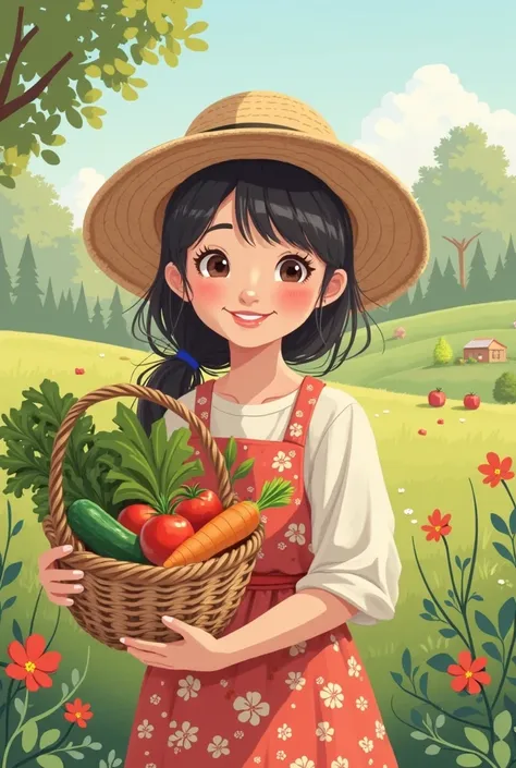 “A young village girl，Wearing a floral cloth,Wearing a straw hat，with warm smiles，holding a basket of fresh vegetables（tomato、cucumber、Carrots and greens），sunny idyllic scenery，Flat illustration style。”

