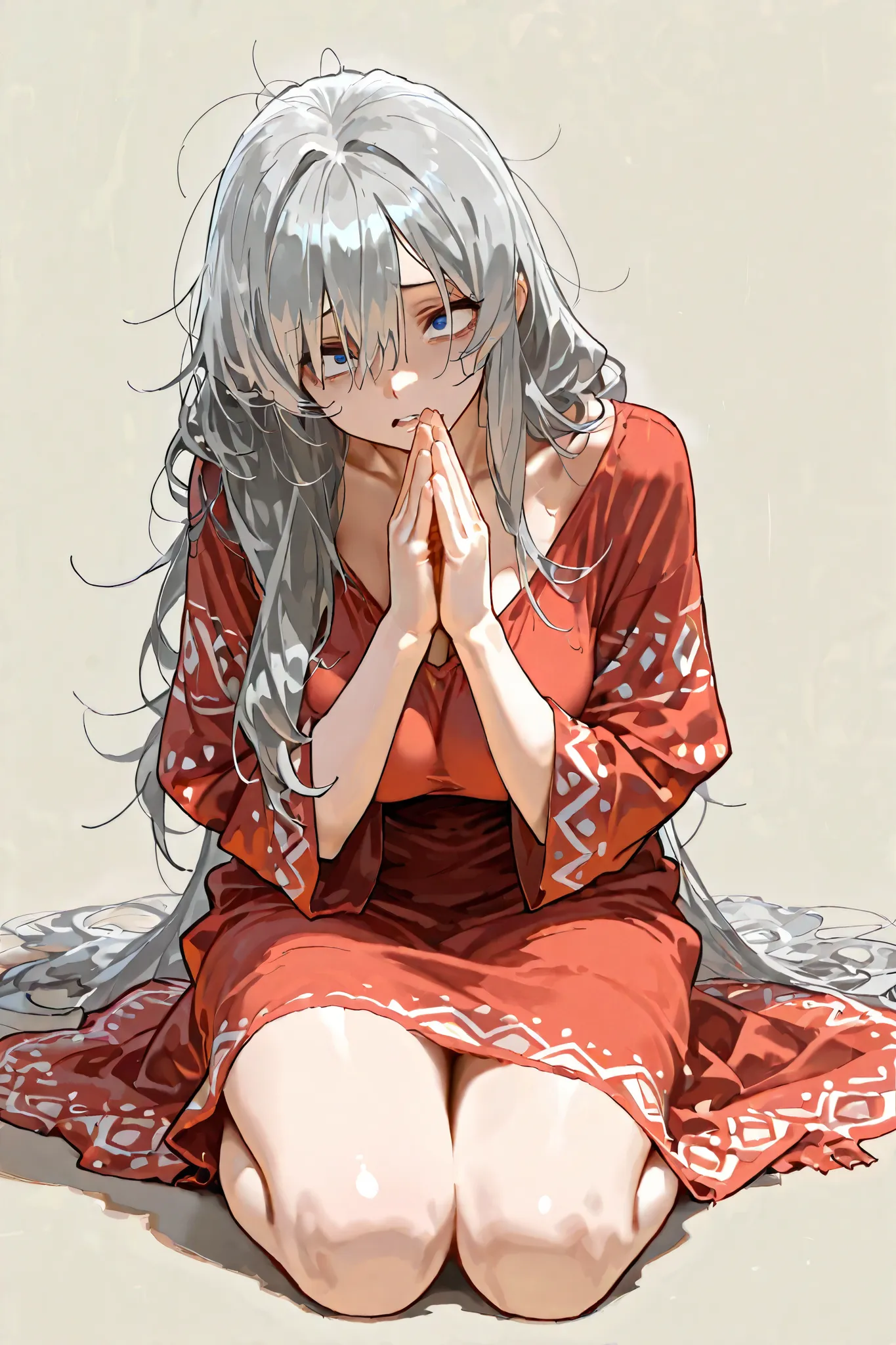 masterpiece, best quality, highest resolution, 1girl, solo, gray hair, messy long hair, red slightly tattered clothes, kneeling, desperate expression,pleading, simple background, gaze up, blue eyes, mature, praying