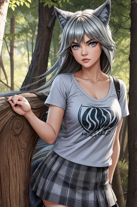 Lucy Hale, (((wolf girl))), blue eyes, long gray hair, tee-shirt, skirt, woods