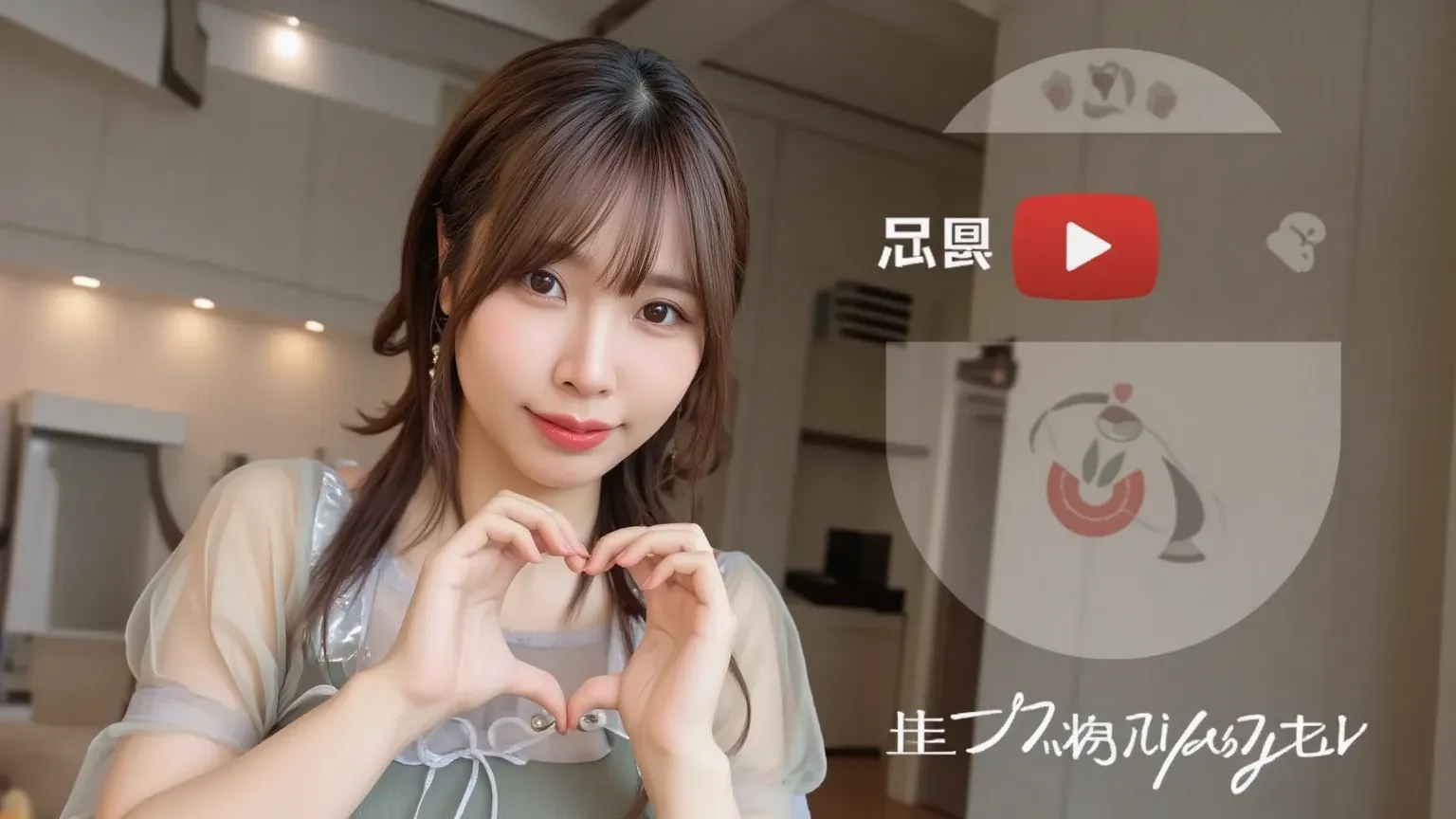 "A cute Chinese woman, smiling and winking with one eye, forming a heart shape with her hands. She is wearing stylish and modern clothes. The image includes a play button symbol, as if it’s a video thumbnail. The background is simple yet elegant, adding a ...