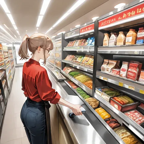 In a busy supermarket, illuminated by bright white lights and organized with shelves full of products in the background, a 23-year-old young woman is working at the cashier. Her warm brown skin stands out under the lighting, and her long, light brown hair ...