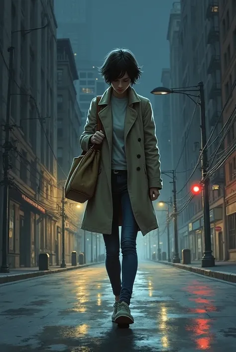  realistic drawing . Sara Night, pretty woman with short hair, carrying a beige bag, I was walking hurriedly on an empty street .