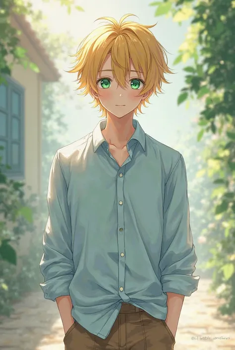 26-year-old fair-skinned, blond hair, green eyes, dressed in a light blue button down shirt with brown pants, anime mode 