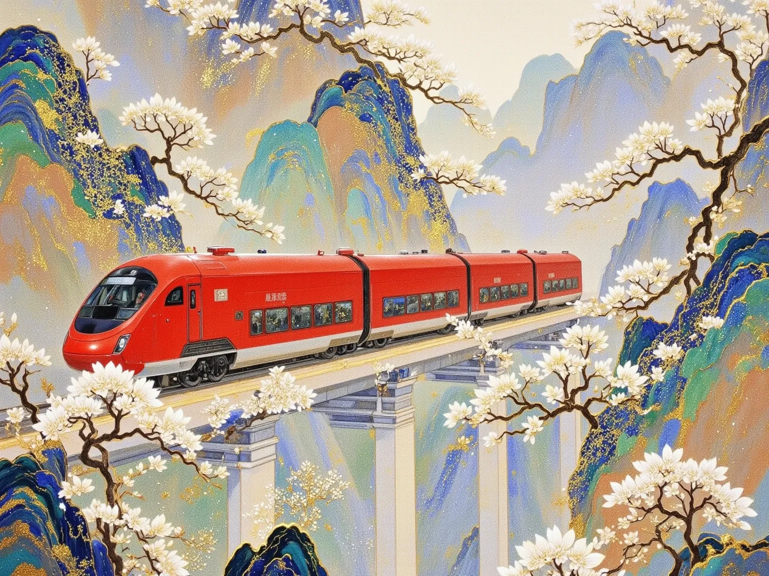 Draw a train on a bridge on a mountain with a river, Chinese painting style,  supersonic trains and passengers , High speed trains, 🚿🗝📝, An ultra-fine detailed painting, zhuoxin ye, An ultra-fine painting, by Qu Leilei,  Inspired by Dong Qichang , author：Q...