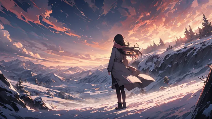 girl staring into the distant sky、One person、black and white long sleeve shirt、gray luggage jacket、scarf check、Short pants、black tights、long boots、low angle、 back view、There is a shadow、 Snow Scenery 、snow、 diamond dust、Snow Country、Sandals、High quality、ma...