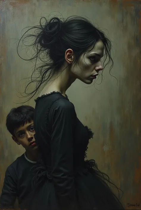 boy watching a painting depicting a macabre woman in profile, looking over the shoulder. long nose, the thin black hair, and empty eyes. As if it were a Victorian-era ghost.