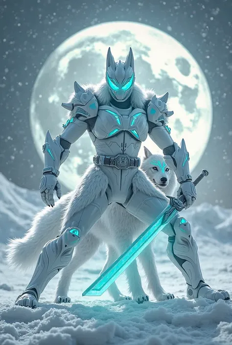 "A White Power Ranger with turquoise details, with a modern and futuristic design, posing heroically in a snowy landscape with a full moon shining behind. Its costume is inspired by an arctic wolf, with an elegant and stylized armor that reflects its speed...