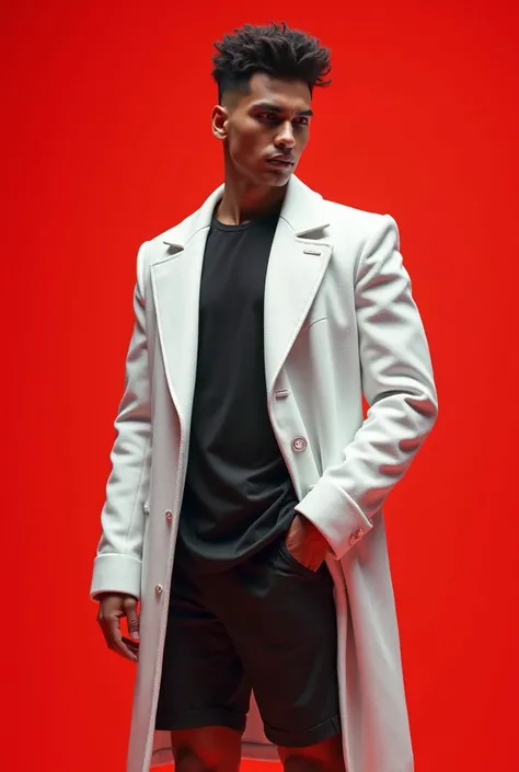 

"c, deep white coat, stylish urban fashion, black t-shirt with shorts, confident pose, -style rendering standing against a matching red background,  Detailed hair texture , cinematographic lighting, Unreal Engine, 8k, sharp focus, soft shading, modern an...