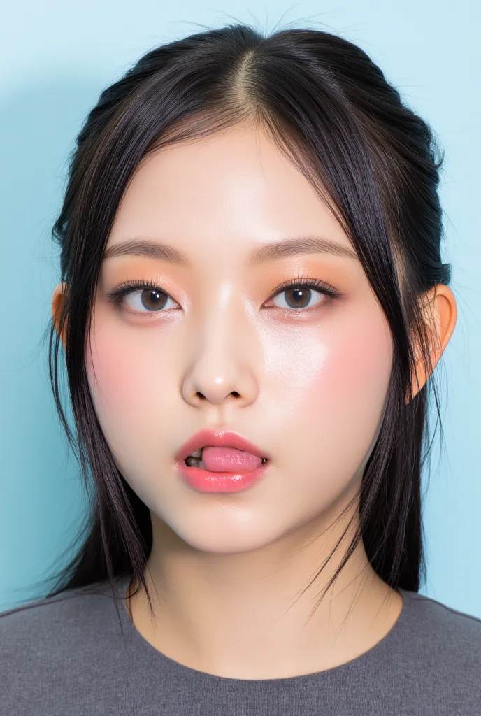  Haerin from newjeans,  young kpop female idol, makeup, eye shadow, High resolution photo, intricate details in wet water, Alone,    1 girl,    focus on face,    face up,    looking at the camera,   Detailed Color,    detailed eyes, detailed skin, shiny sk...