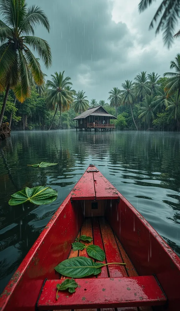 POV of a red wooden boat floating gently on a calm river, surrounded by lush tropical vegetation. The water reflects the greenery and the traditional wooden house on stilts in the distance, partially obscured by palm trees. A heavy rain is falling from a d...