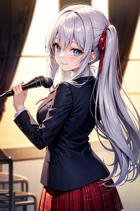 A scene is set with a silver-haired high school girl standing in the middle of a live stage. She holds a microphone in her hand, waiting with anticipation for the music to start. Her long, silver hair cascades down her back, complementing her bright blue e...