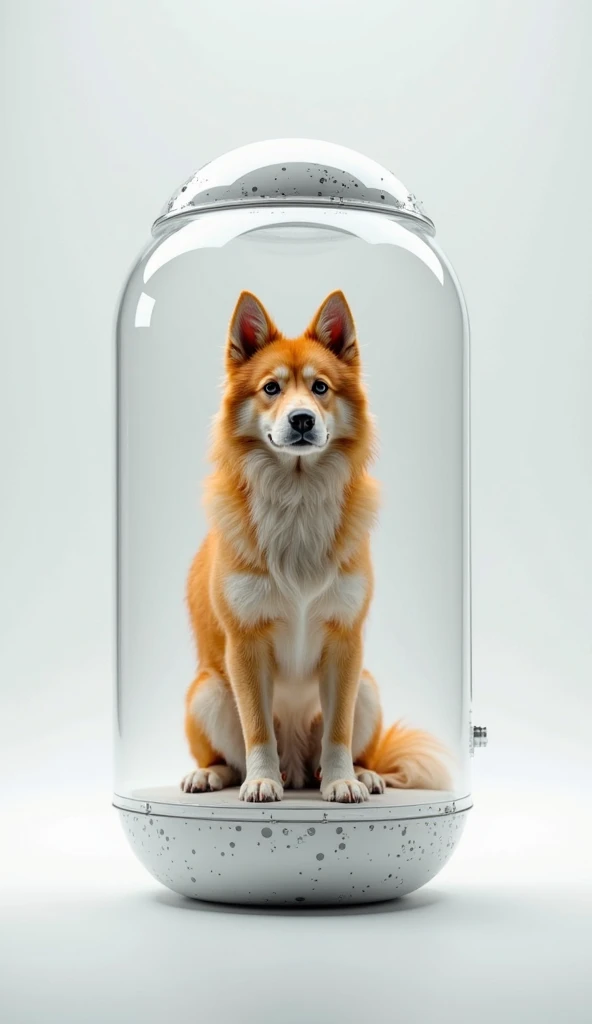 Create a dog inside a transparent futuristic capsule with a white background 