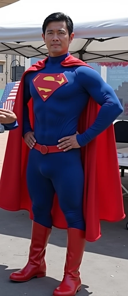 Superman has an Asian Thai face.guy who is wearing a Superman suit looking at the camera.  