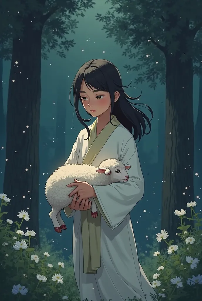 a young disciple gently picking up a scared sheep in a dark forest, carrying him back to the flock. make it in anime style