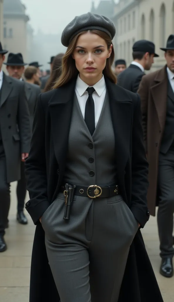 An elegant and imposing woman walks through a period setting, wearing an outfit inspired by the classic style of the 1920s. Her dark gray wool suit is a refined cut, consisting of a fitted waistcoat and slim-fit dress pants, fitted to the body, highlightin...