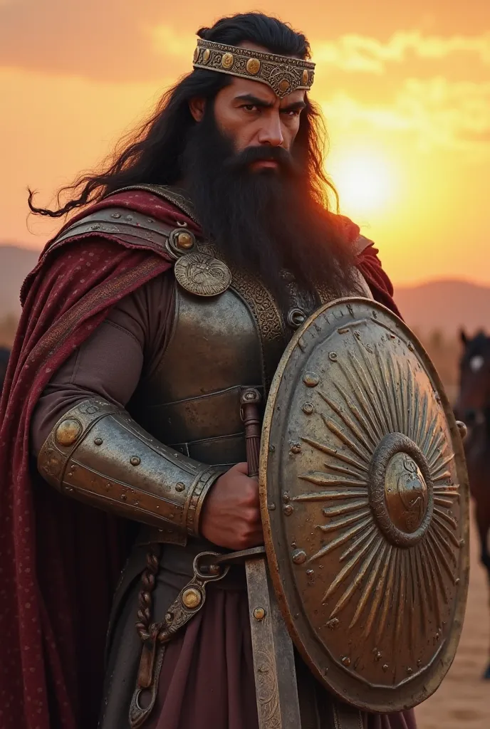 is a huge Arab with a thick beard and long black hair. wearing a shiny iron shield with a decorative helmet, holding a sharp sword in his hand. His eyes are sharp and reflect strength and courage.. his face shows the features of chivalry and toughness, and...