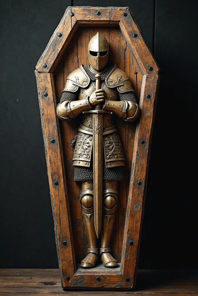 Show me a very rustic and old wooden coffin, in the Templar style where a knight is carved without so much detail, with his sword in his hand held in the style of honor on his chest., has the Liz flower. Dark image, very realistic and mystical, carved on h...