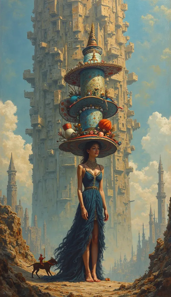 a surrealistic painting of woman wearing  hats,  a surrealistic Tower of Babel 
