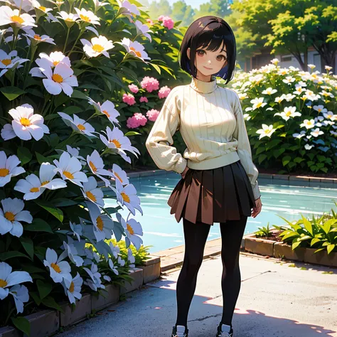 (high quality, high definition, Very detailed, reality:1.37), Peaceful atmosphere, (Outdoors, garden),  age girl standing alone,(My breasts are small.), Beautiful details, cute smile up to the knee, ( black haired bob),Ribbed sweater, brown skirt ,  black ...