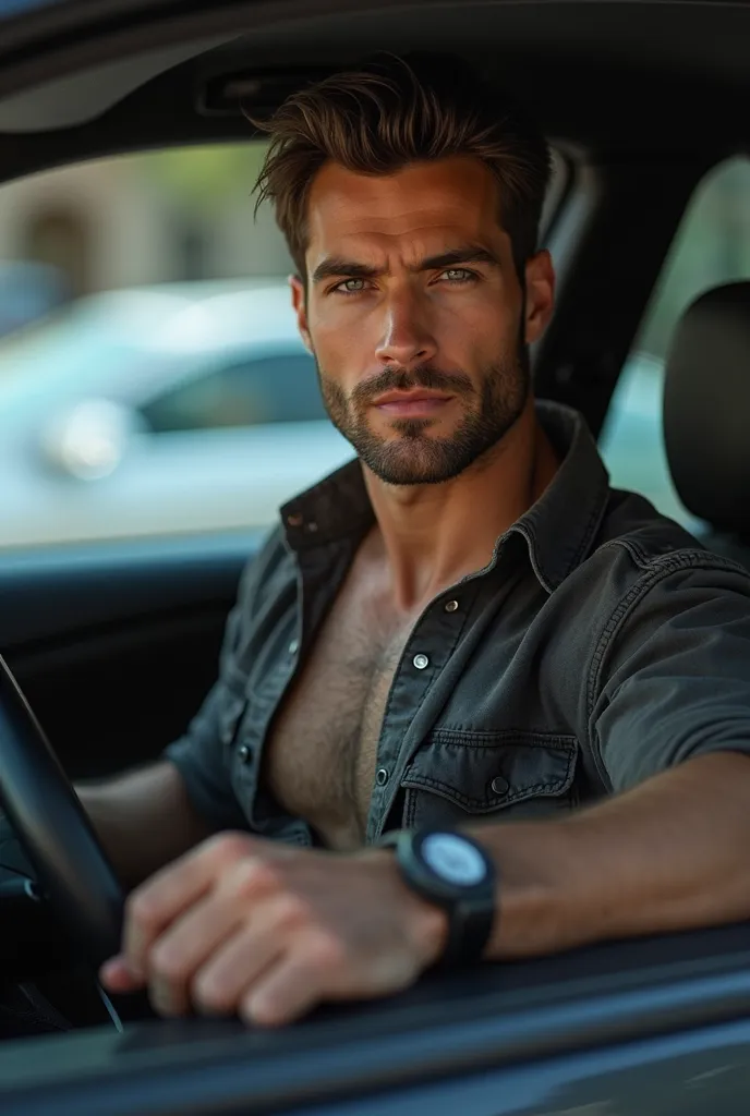 Man looking European sensual dominant tall morocchio with perfect smile marked abs brown eyes driving an uber car