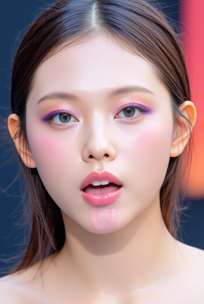  Haerin from newjeans,  young kpop female idol, makeup, purple eye shadow,  tongue out,  High resolution photo, intricate details in wet water, Alone,    1 girl,    focus on face,    face up,    looking at the camera,   Detailed Color,    detailed eyes, de...