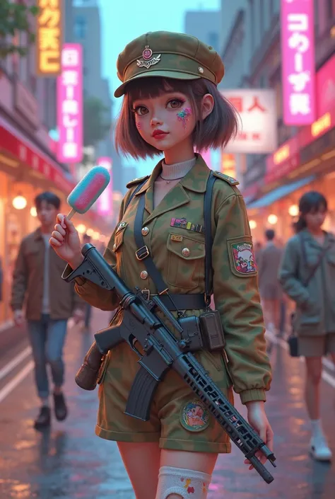  ( bestquality,4K,8k, highres,masterpiece:1.5),ultra-detailed,(realistic,photoRealistic,photo-realistic:1.4),HDR,UHD,A Lolita girl in a cute military uniform walks through a shopping street、Psychedelic Picture、The girl is 、( ultra chibi style :1.4)、} Wears...