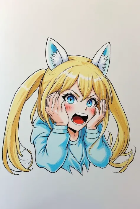 Paint this anime drawing,  white hearing aid ears with blue tone light blue eyes , white skin color, blushing and looking malicious laughing as if she were plotting something, light blue sweatshirt or blouse , Light yellow hair is missing blue 