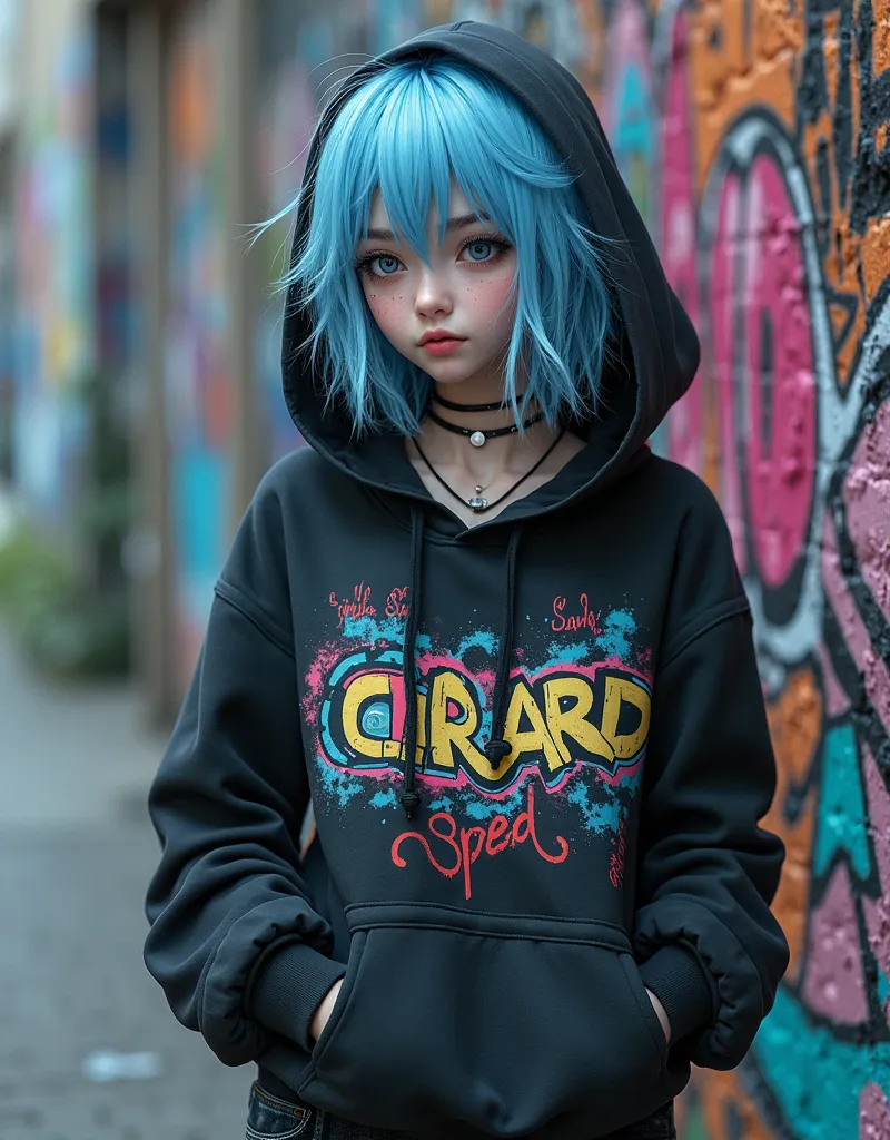 an extremely cute and delicate anime girl standing in front of a graffiti wall. She has messy long blue hair, dreamy blue eyes, a poker face, flawless skin, wearing a black hoodie covered with graffiti, with her hands in the hoodie pockets and a pair of ta...