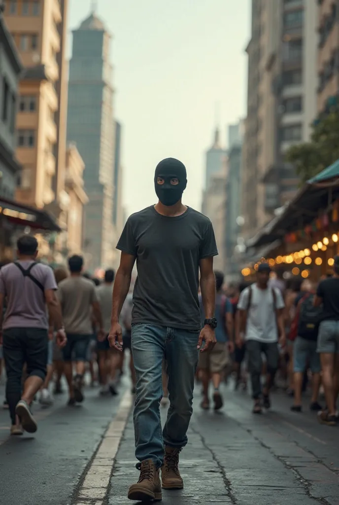 A masked man , wearing t-shirt,  jeans and boots, Walk against the crowd in the city center of São Paulo 