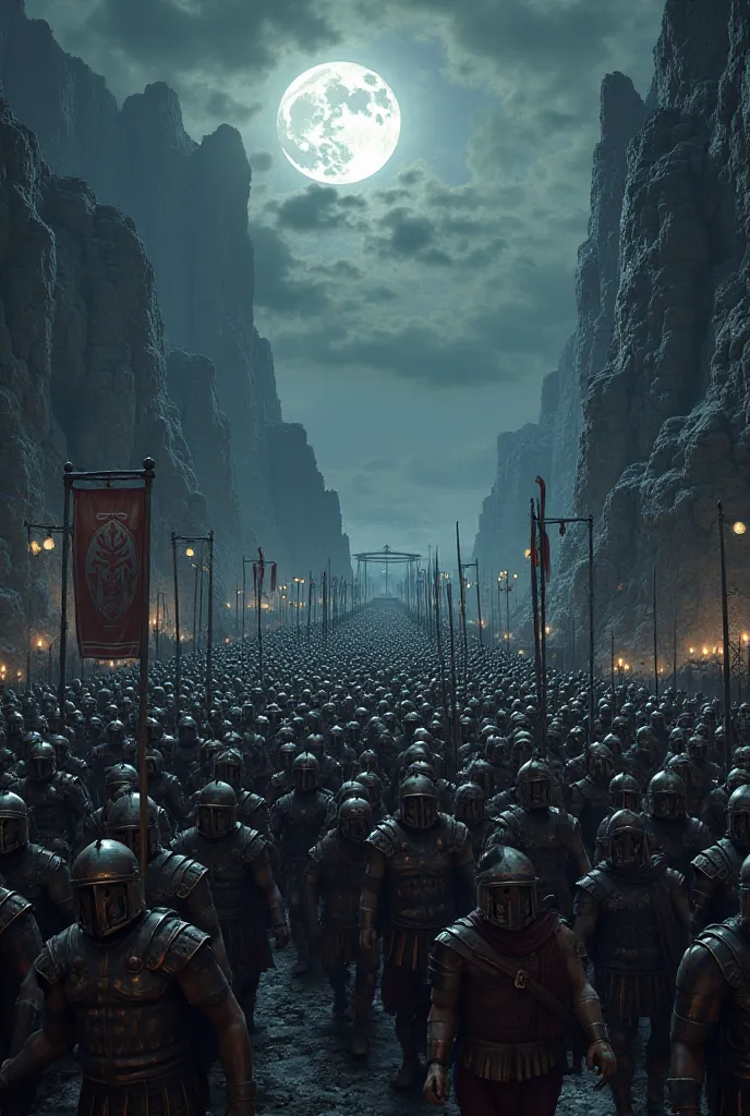 A huge ancient greece army of warriors wearing black and silver Korinthian helmets parading under a cliff at night.