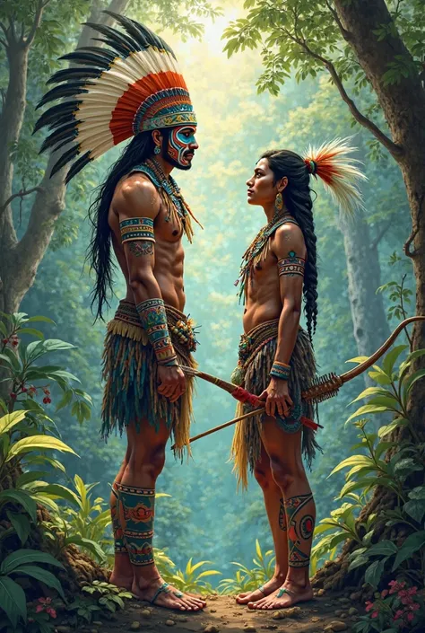 A Brazilian Indian and an Indian, with a headdress on his head,   with bow and arrow in his hand , in a forest