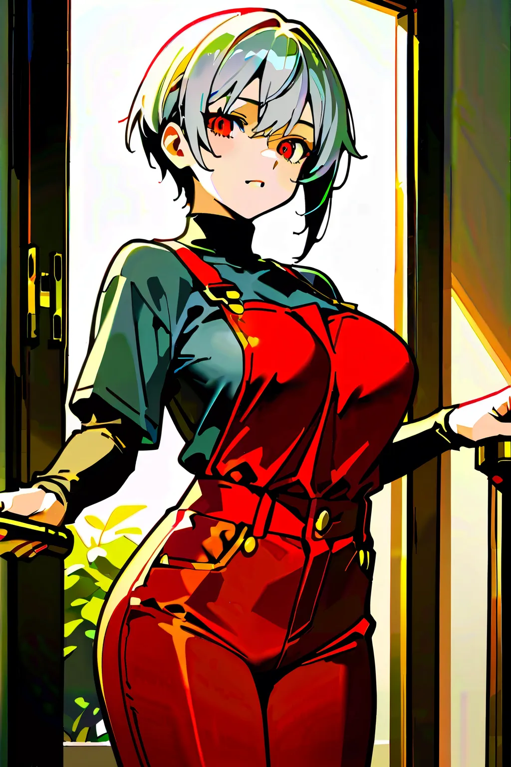 Beautiful anime girl with short gray hair with red eyes and big breasts wearing gray shirt and black pants 