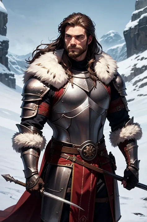 muscular nordic man from the frozen north wearing fur pelts stuffed under an incomplete knight armor set. he's got long and wavy brown hair and a short beard