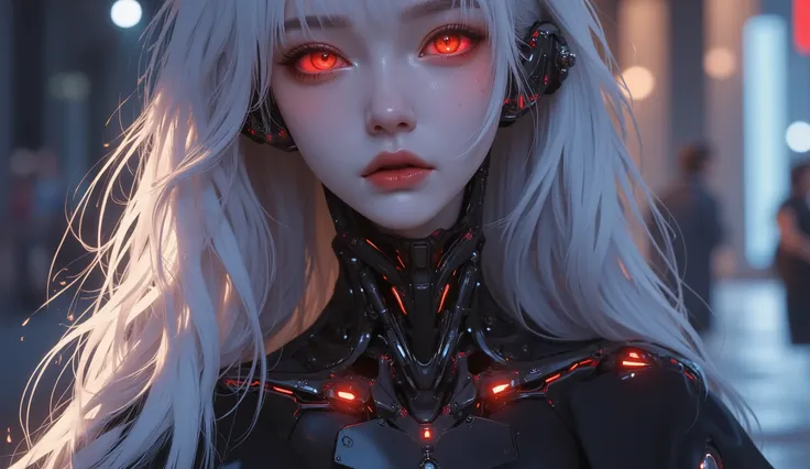 AI woman with matte black and white cyberbody, with red glowing details, very tall, with thick thighs, wide hips, long legs, and a slender waist. Dark red glowing eyes, Long flowing white hair. sad expression on face, No mechanical parts on the face, Clean...