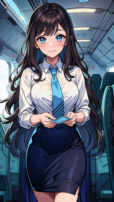 ((masterpiece, best quality:1.3, high detail)), ((1girl)), (((beautiful woman))), (flight attendant), bright eyes, light smile, (long wavy hair), (dark hair), hairpin, (white collar shirt, blue tie), (blue pencil (skirt)), long skirt:1.3, slim body, facing...