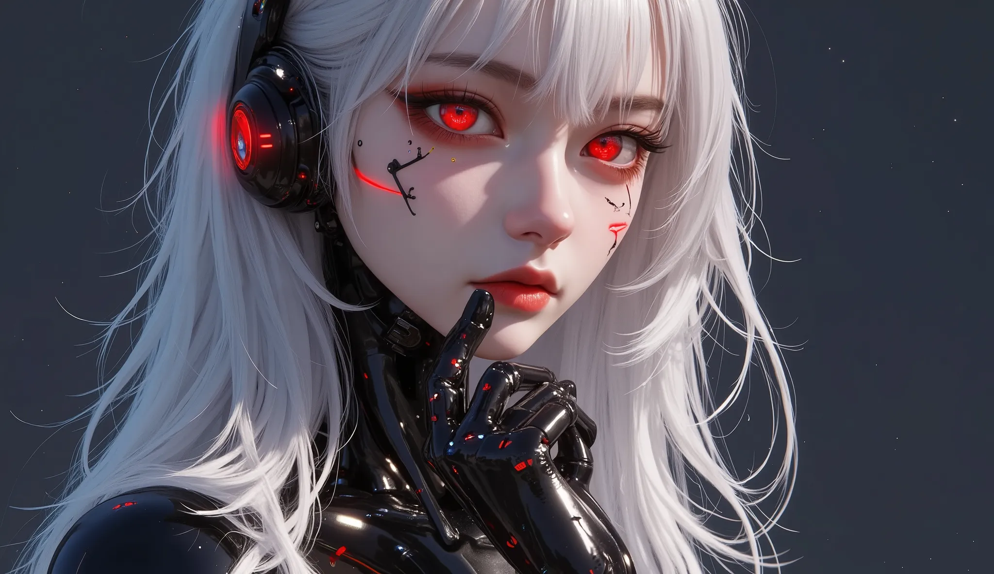 AI woman with matte black and white cyberbody, with red glowing details, very tall, with thick thighs, wide hips, long legs, and a slender waist. Dark red glowing eyes, Long flowing white hair. sad expression on face, No mechanical parts on the face, Clean...