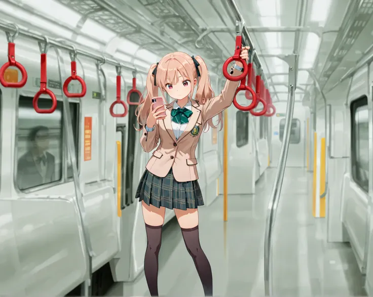 Masterpiece, hd, 2d, anime, 1girl, wearing white collared shirt, light brown blazer, green bowtie, plaid skirt, black thighhighs, holding phone, holding hand grip, standing, indoor, train, metro