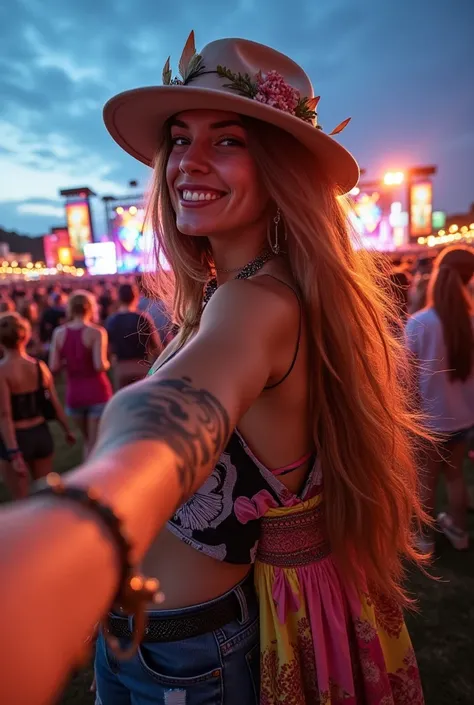 The scene is set at a vibrant music festival, with colorful stages, glowing lights, and a lively crowd filling the background. The perspective is from the camera of a smartphone held by a man taking a selfie. He’s dressed in casual festival attire: a graph...