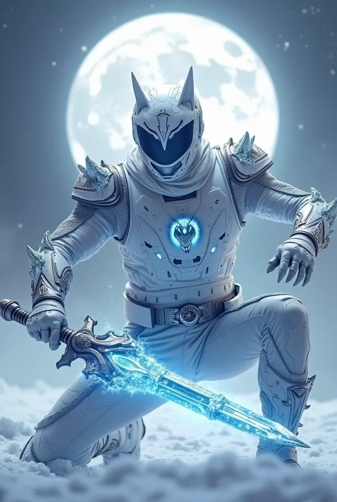 "A White Power Ranger with details in metallic blue,  with a modern and futuristic design , posing heroically in a snowy landscape with a bright full moon behind. Its costume is inspired by an arctic wolf, reflecting a combination of speed, ferocity and ad...